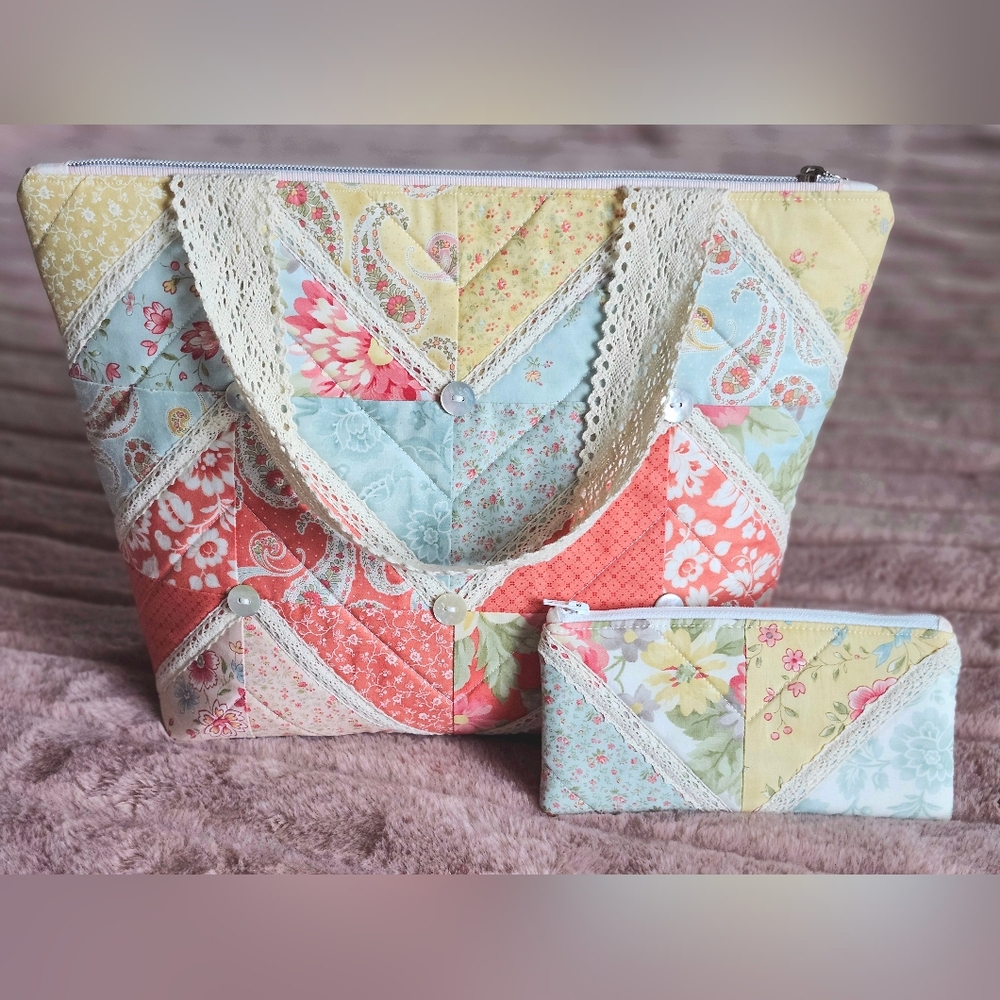 Patchwork Floral Tote and Pouch Set - image 1